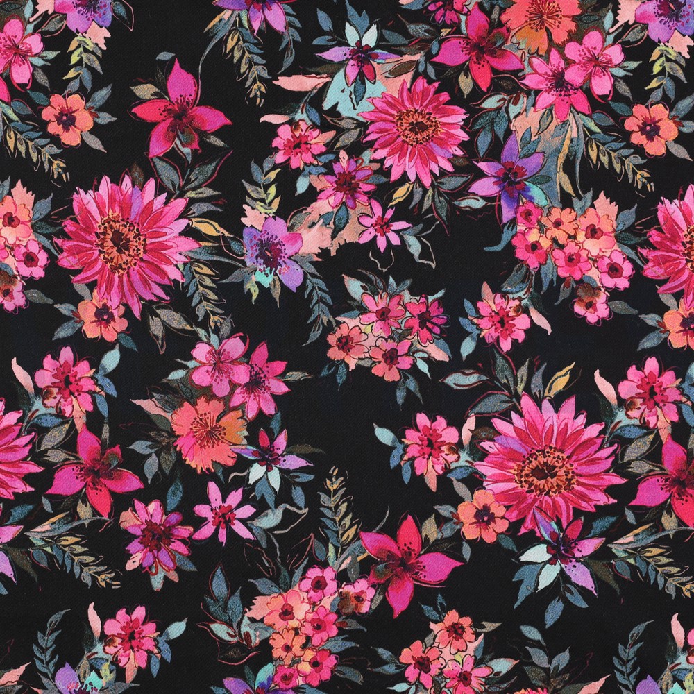 COTON SATIN DIGITAL FLEURS NOIR