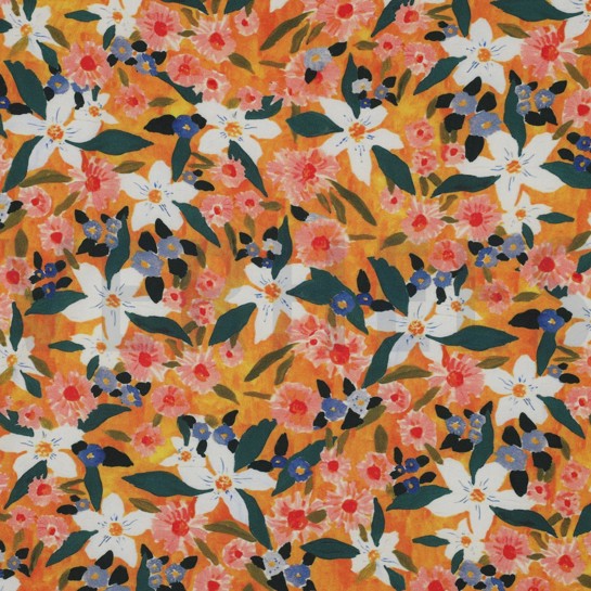 VISCOSE POPLIN STRETCH DIGITAAL BLOEMEN ORANJE #7