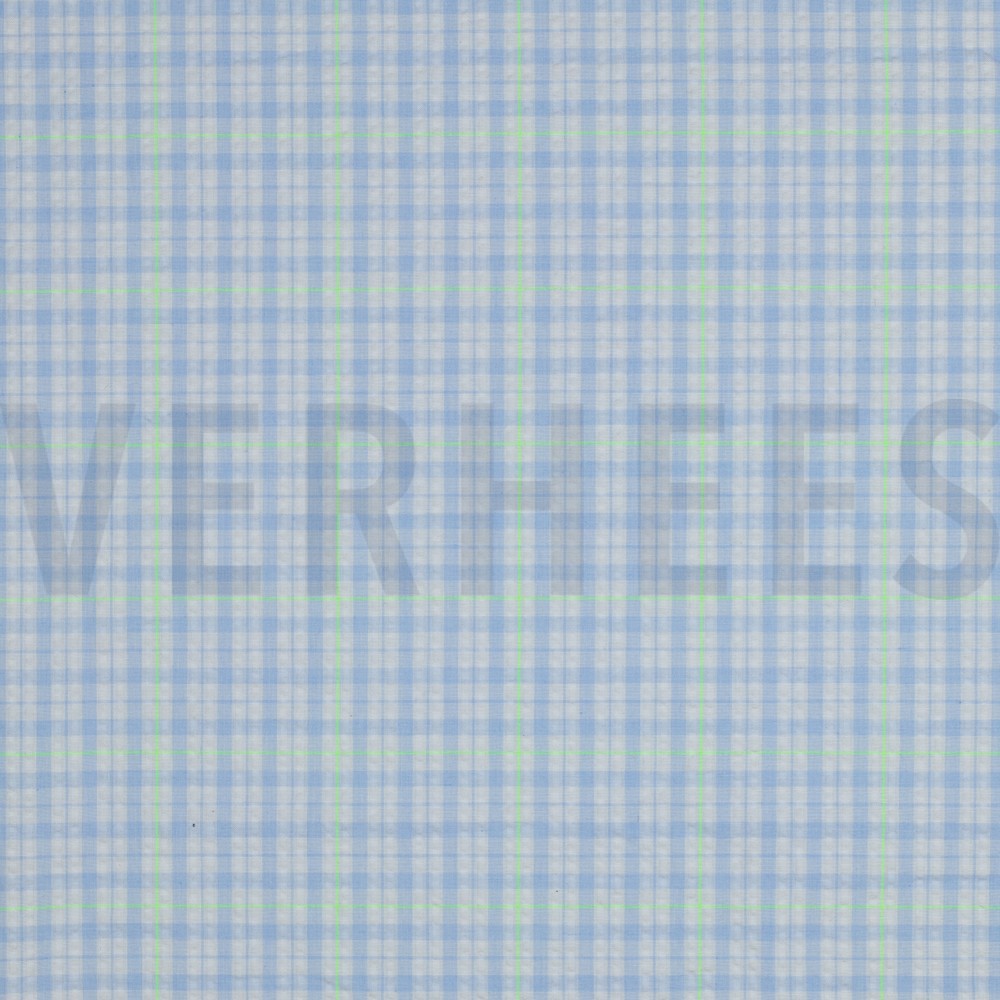 KATOEN SEERSUCKER NEON RUITEN LICHTBLAUW