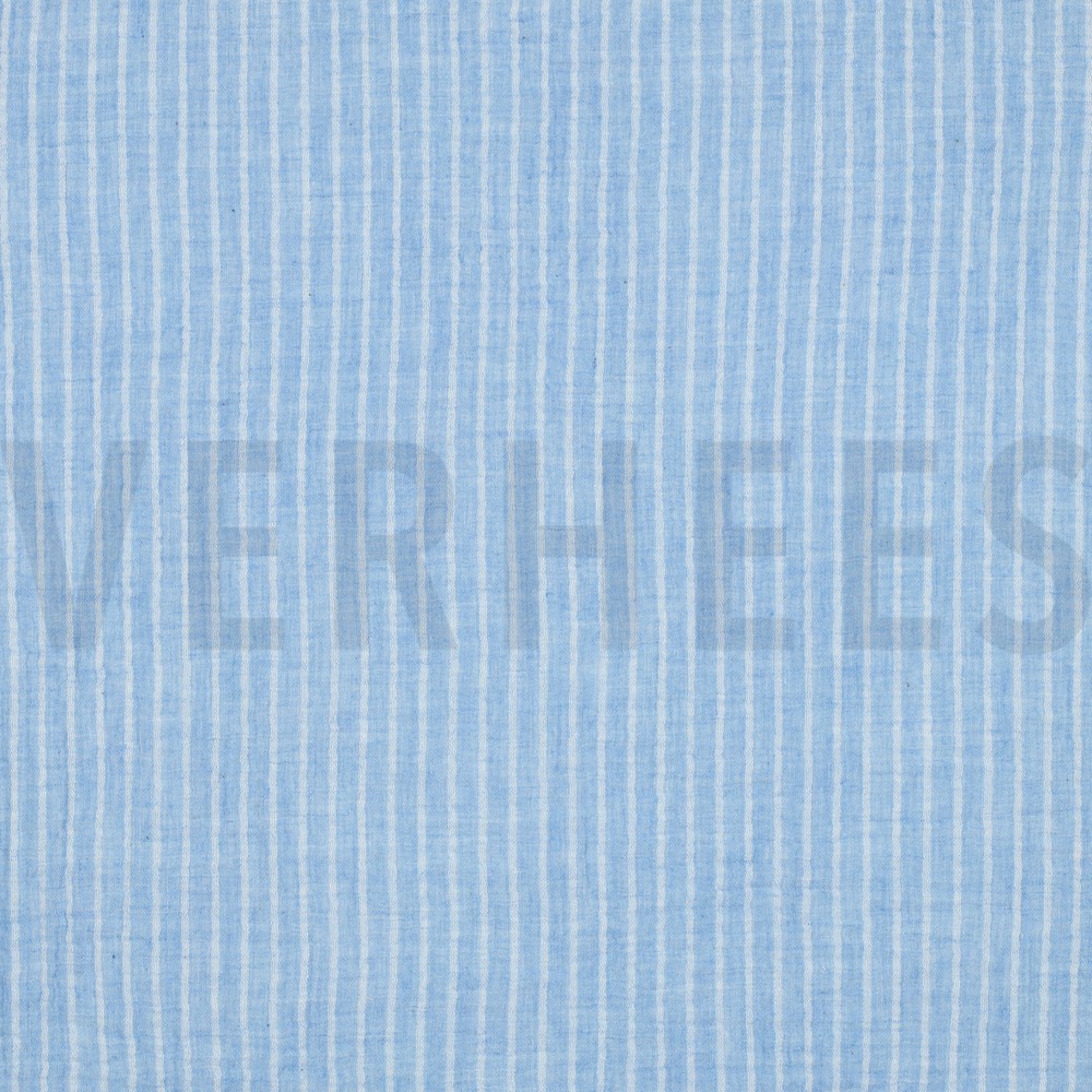 DOUBLE GAUZE GARENGEVERFD STREPEN LICHTBLAUW