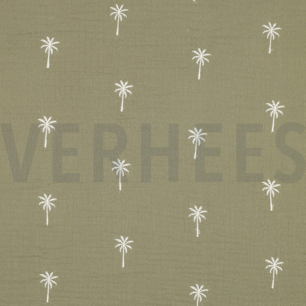 DOUBLE GAUZE EMBROIDERY PALM TREES MOSS GREEN