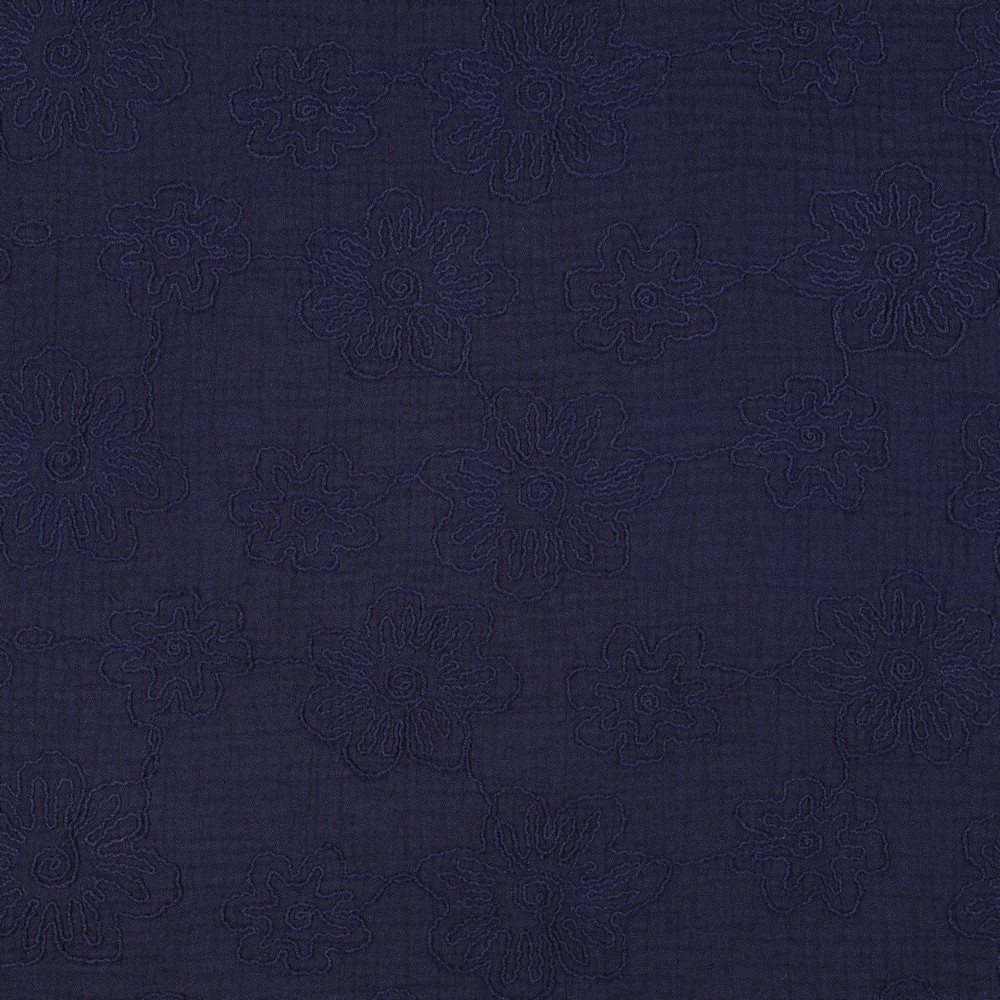 MUSSELIN STICKEREI BLUMEN MARINEBLAU