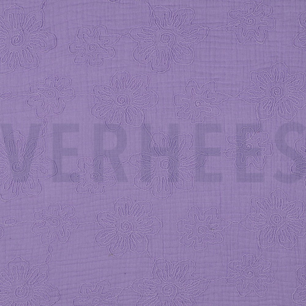 DOUBLE GAZE DE COTON BRODERIE FLEURS LILAS