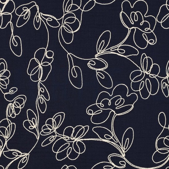 DOUBLE GAZE DE COTON BRODERIE FLEURS BLEU MARINE #7