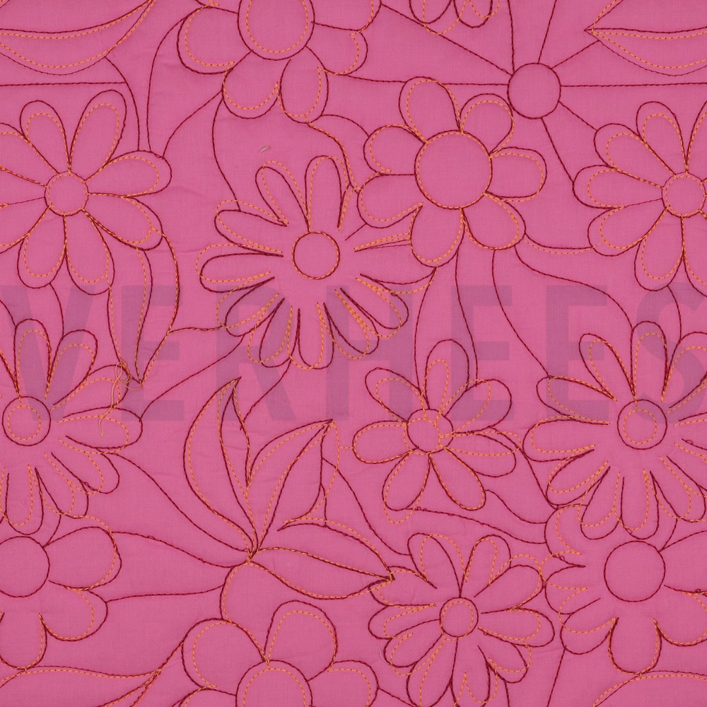 KATOEN GEWATTEERD BLOEMEN ROZE