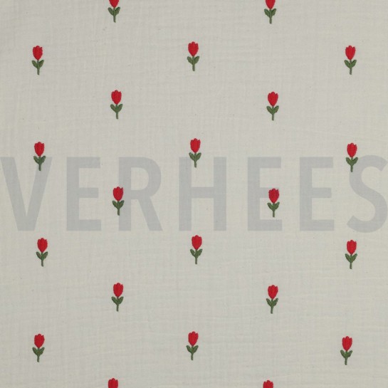 DOUBLE GAZE DE COTON BRODERIE FLEURS NATUREL #7