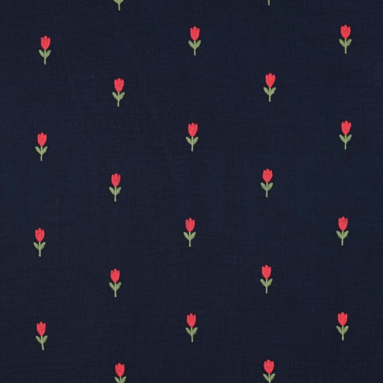 DOUBLE GAZE DE COTON BRODERIE FLEURS BLEU MARINE #7