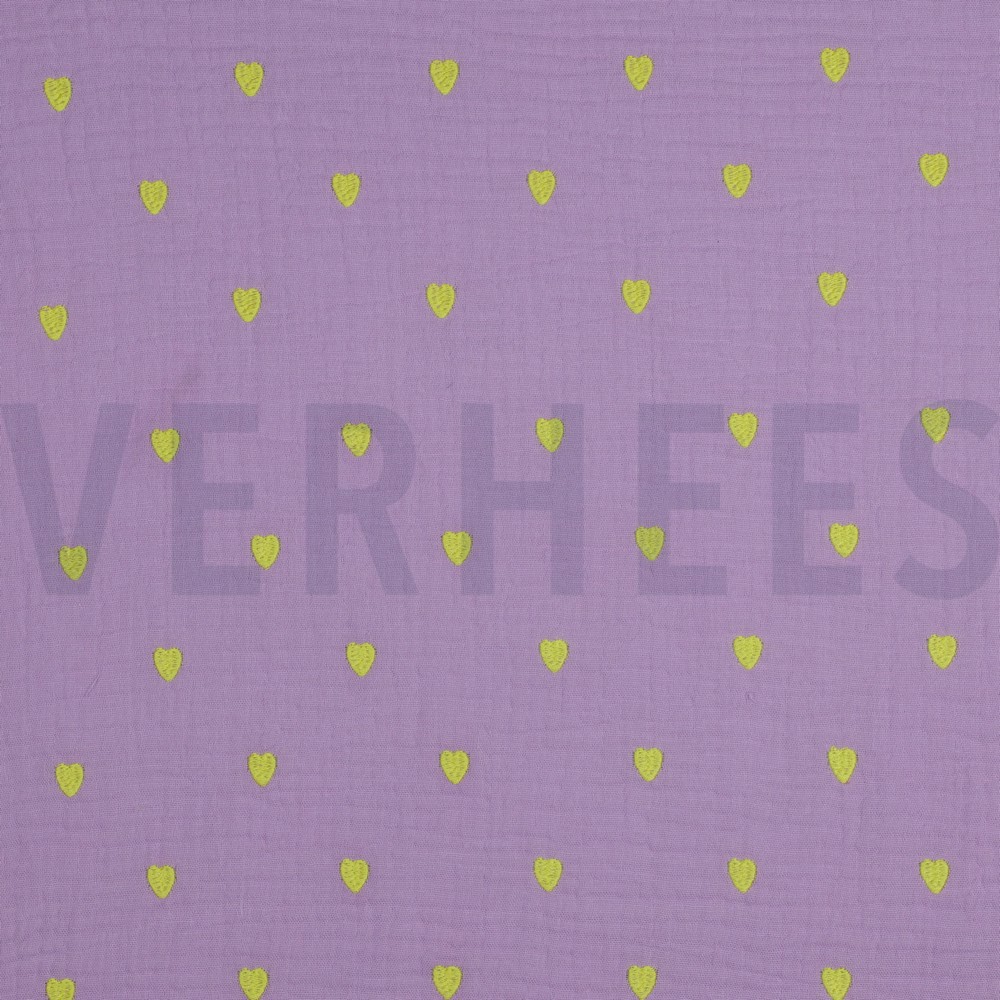 DOUBLE GAUZE EMBROIDERY NEON HEARTS LAVENDER