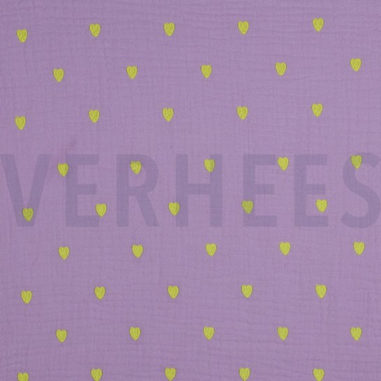DOUBLE GAZE DE COTON BRODERIE COEURS NEON LAVANDE #7
