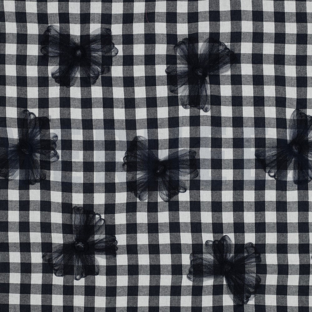 KATOEN GARENGEVERFD RUITEN TULE BLOEMEN MARINEBLAUW