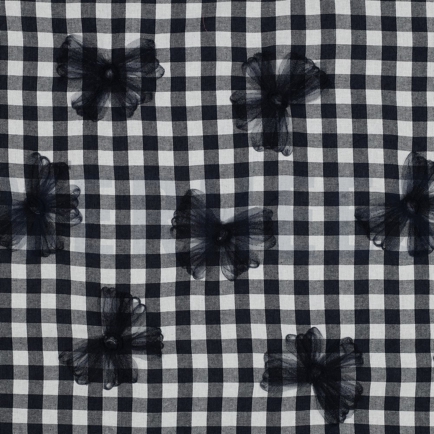 KATOEN GARENGEVERFD RUITEN TULE BLOEMEN MARINEBLAUW (hover)