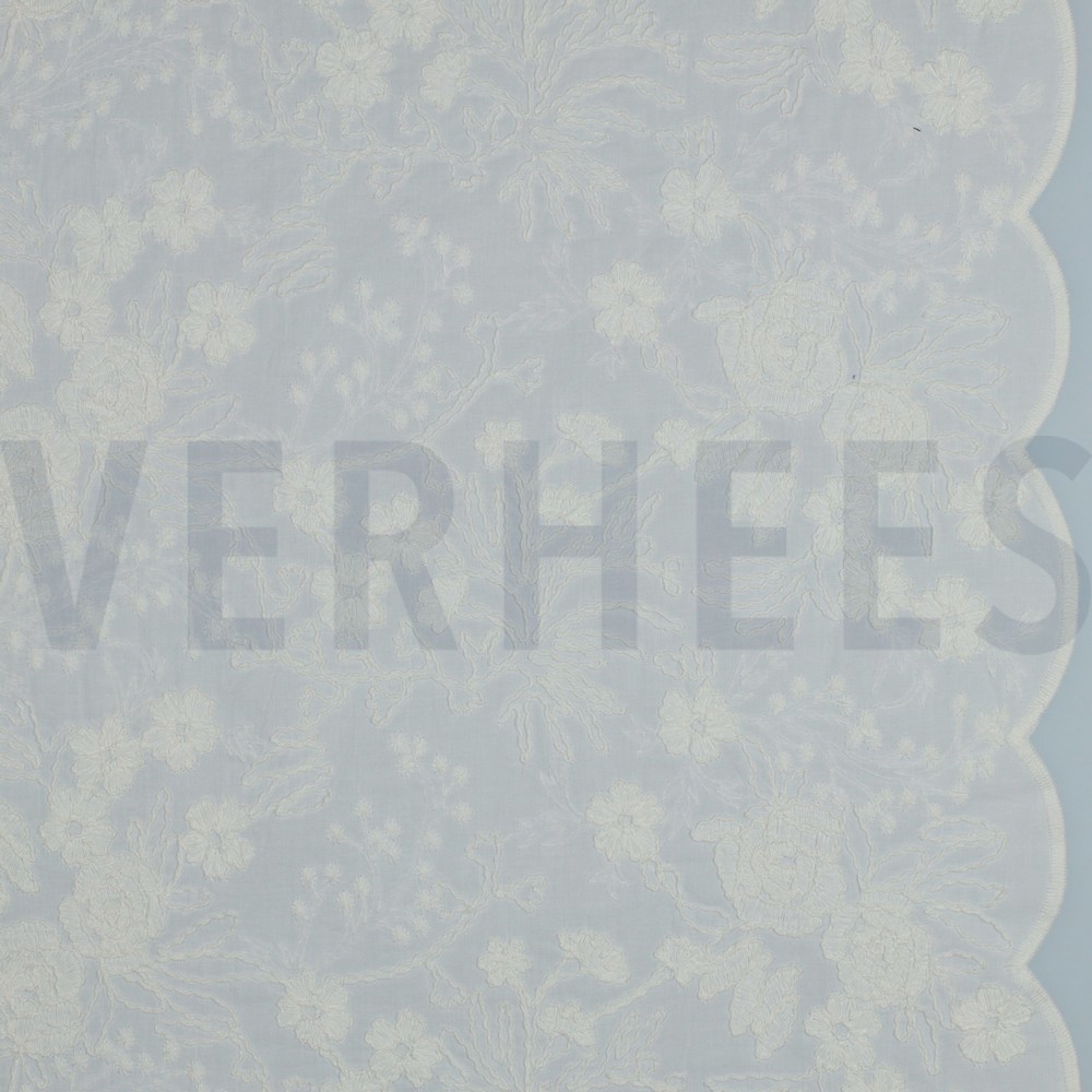 COTON VOILE BRODERIE FLEURS DEUX CÔTÉS BORDURE FESTONNÉE BLANC