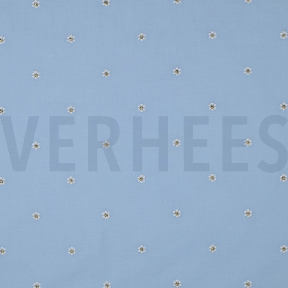 KATOEN VOILE EMBROIDERY LUREX BLOEMEN LICHTBLAUW