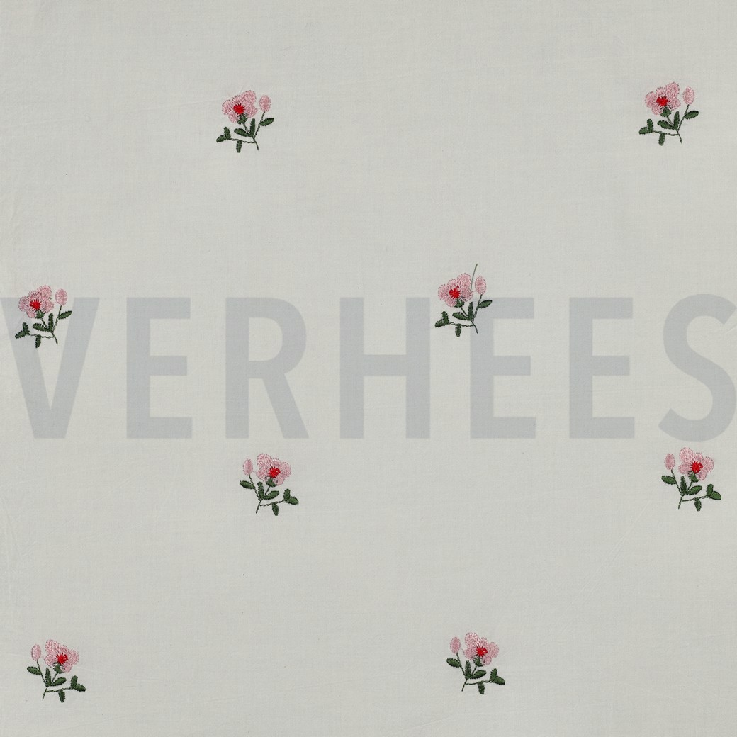BAUMWOLLE VOILE KRINKEL STICKEREI BLUMEN GEBROCHEN WEISS
