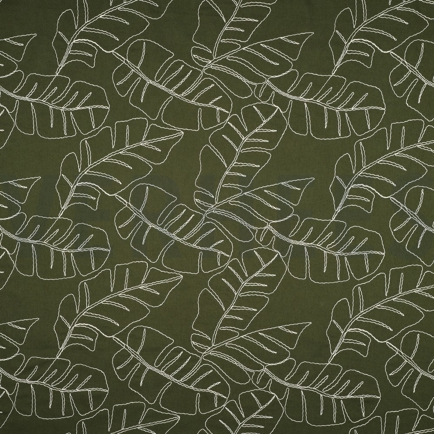 LINEN VISCOSE EMBROIDERY LEAVES FOREST GREEN (hover)