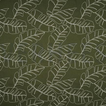 LINEN VISCOSE EMBROIDERY LEAVES FOREST GREEN (hover)