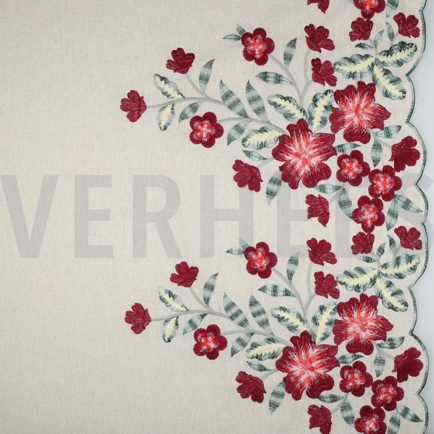 LINEN VISCOSE ONE-SIDE BORDER FLOWERS CERISE (hover)