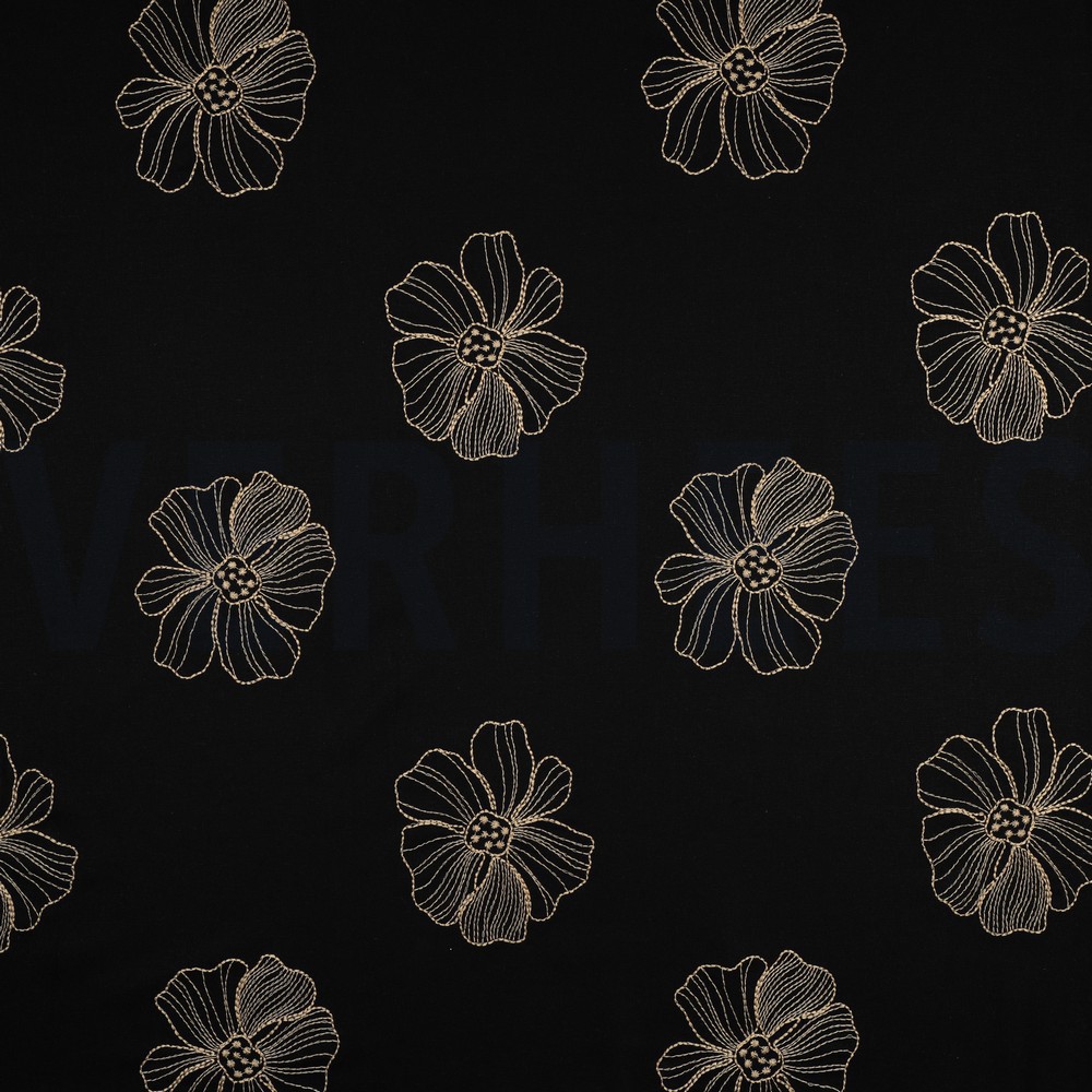 LINEN VISCOSE EMBROIDERY FLOWERS BLACK