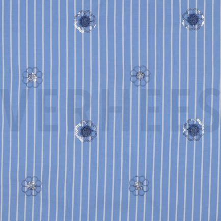 COTON RAYURES PAILLETTES FLEURS BLEU (hover)