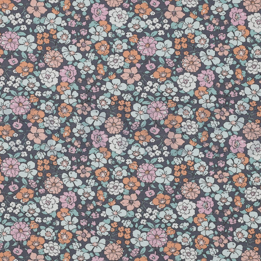 POPELINE DE COTON GOTS FLEURS BLEU MARINE