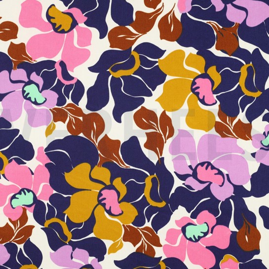 COTTON SATIN ABSTRACT FLOWERS NAVY/PINK #7