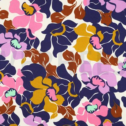 KATOEN SATIJN ABSTRACTE BLOEMEN DONKERBLAUW/ROZE (hover)