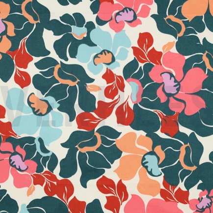 COTTON SATIN ABSTRACT FLOWERS DARK GREEN/PEACH (hover)