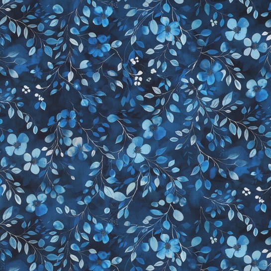POPELINE DE COTON DIGITAL FEUILLES BLEU COBALT #7
