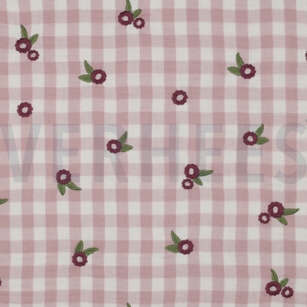 DOUBLE GAUZE CHECKS EMBROIDERY FLOWERS MAUVE (hover)