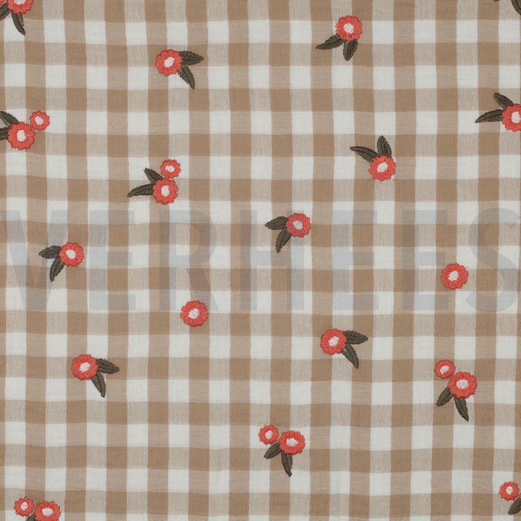 DOUBLE GAUZE CHECKS EMBROIDERY FLOWERS BEIGE