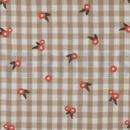 DOUBLE GAUZE CHECKS EMBROIDERY FLOWERS BEIGE (hover)