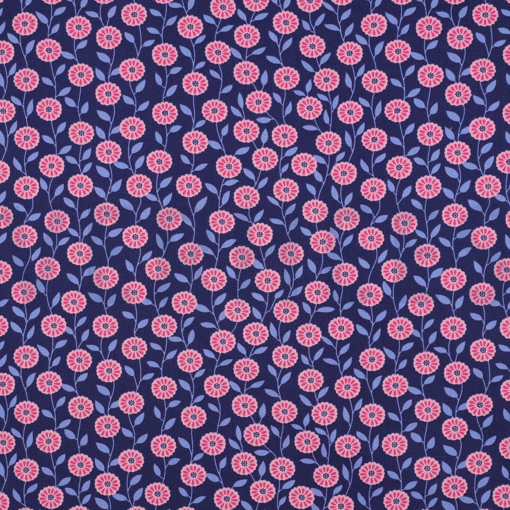 KATOENEN POPLIN BLOEMEN & RUITEN MARINEBLAUW