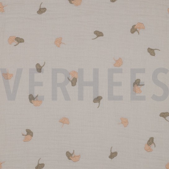 DOUBLE GAZE DE COTON BRODERIE FEUILLES SABLE CLAIR #7