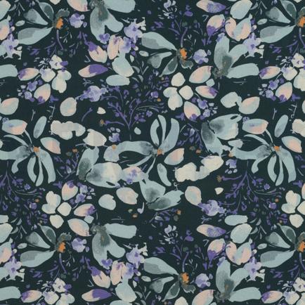 VISCOSE POPELINE STRETCH DIGITAL FLEURS PÉTROLE (hover)