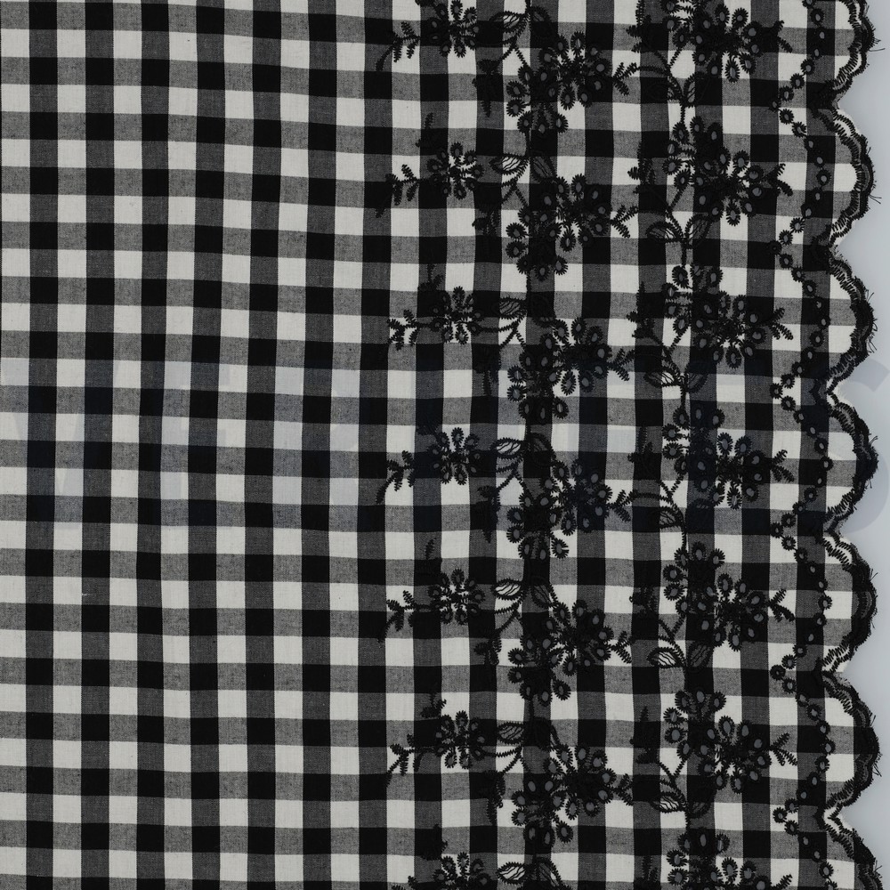 COTTON CHECKS ONE-SIDE BORDER ONE-SIDE SCALLOP BLACK/ WHITE