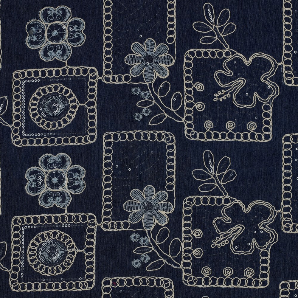 DENIM BRODERIE FLEURS PAILLETTES BLEU FONCÉ