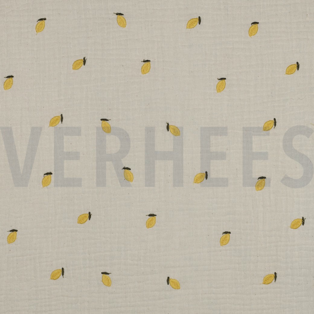 MUSSELIN NATURAL STICKEREI FRÜCHTE NATUR/GELB