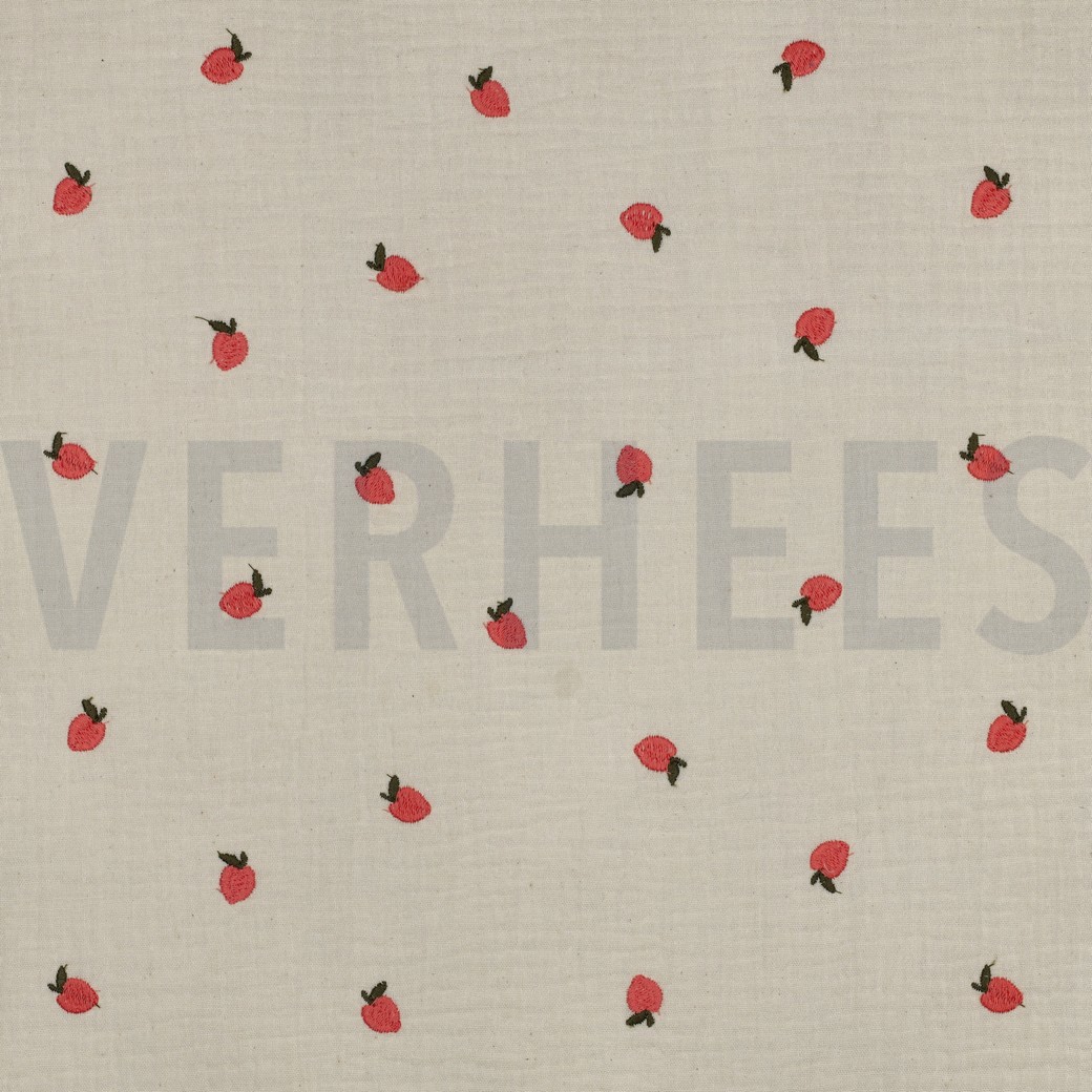 MUSSELIN NATURAL STICKEREI FRÜCHTE NATUR/PFIRSICH