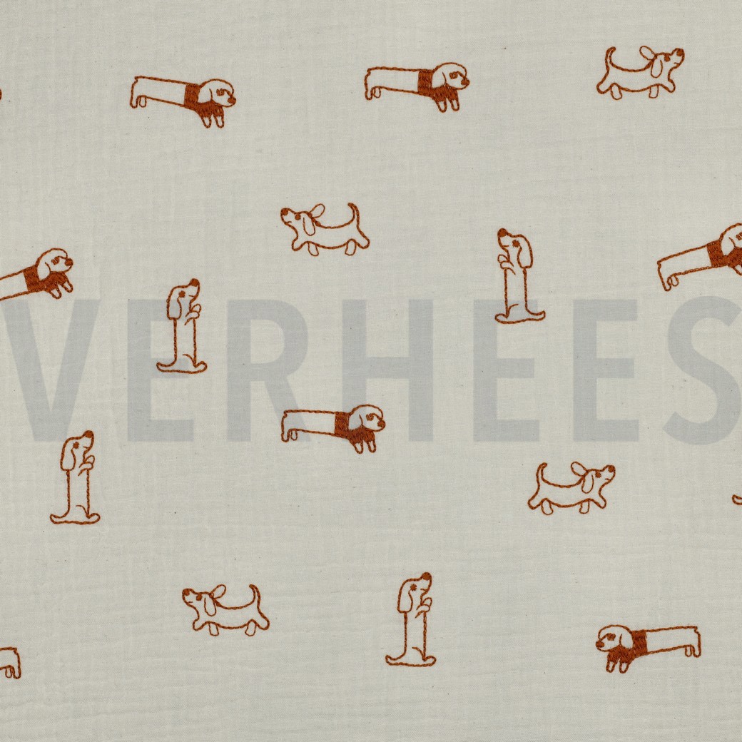 MUSSELIN STICKEREI HUNDE ECRU