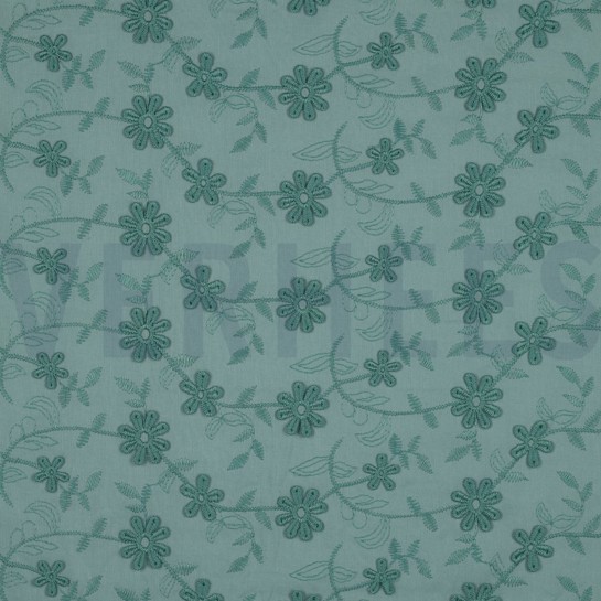 COTTON VOILE EMBROIDERY FLOWERS OLD GREEN #7