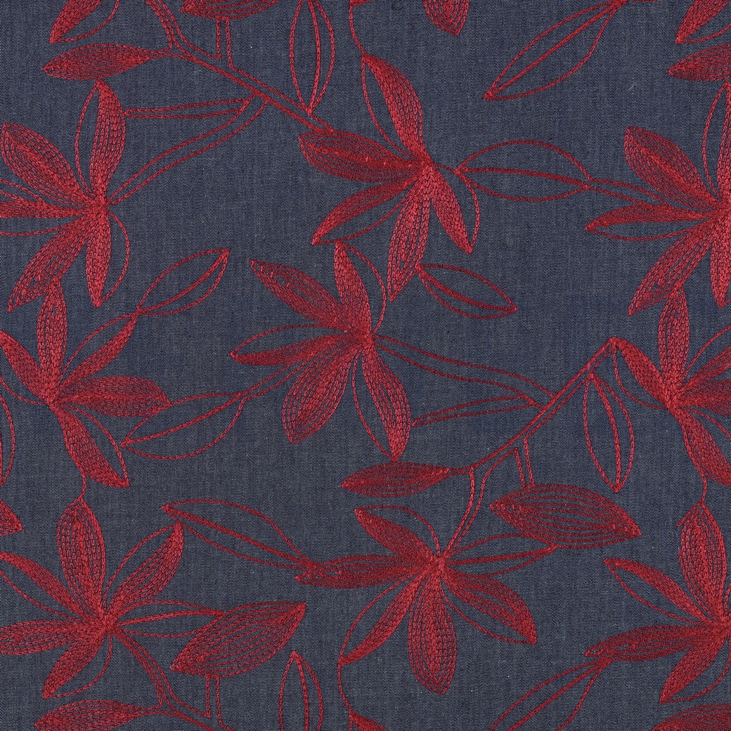 DENIM EMBROIDERY BLOEMEN BORDEAUXROOD