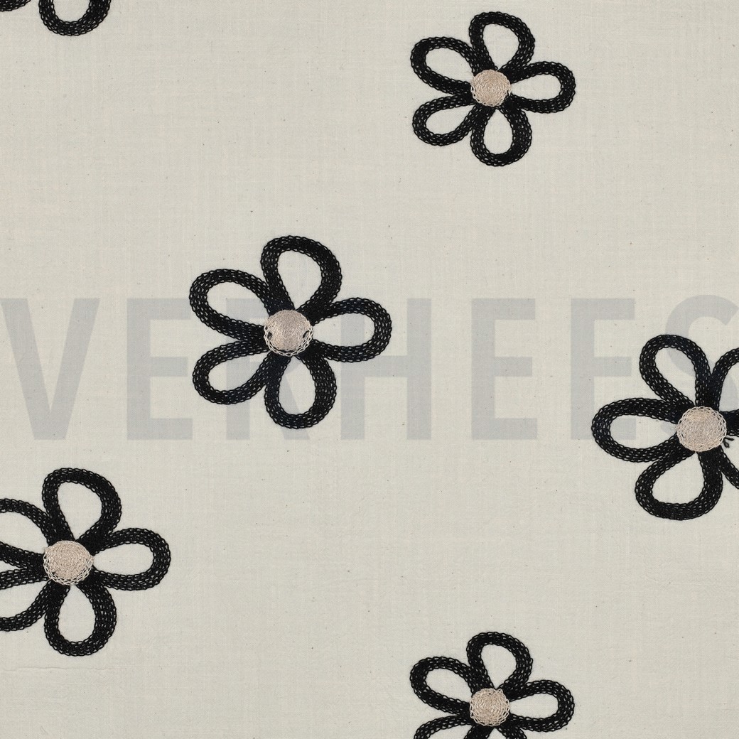 COTTON CRINKLE EMBROIDERY FLOWERS BLACK