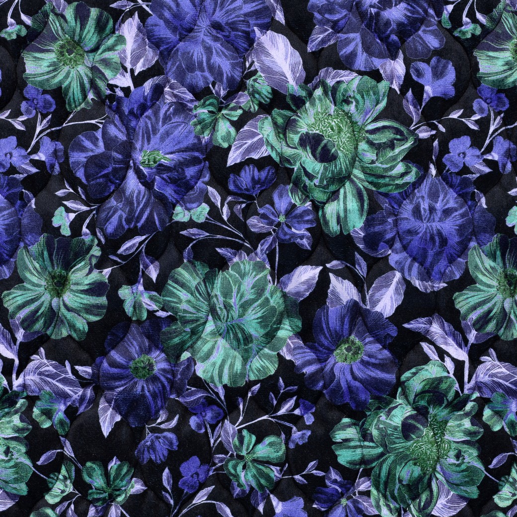 GEWATTEERD FLUWEEL DIGITAAL BLOEMEN MARINEBLAUW