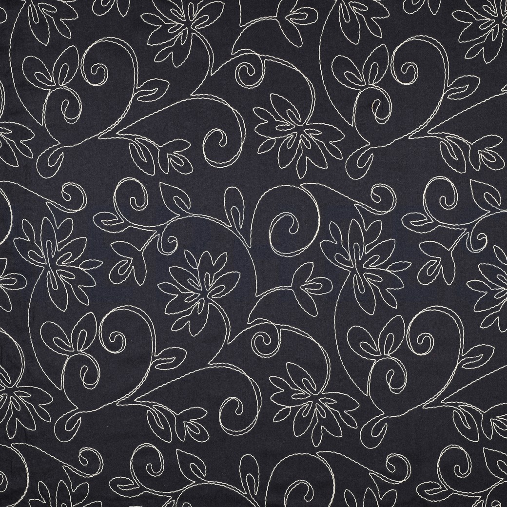 LINNEN VISCOSE EMBROIDERY BLOEMEN MARINEBLAUW