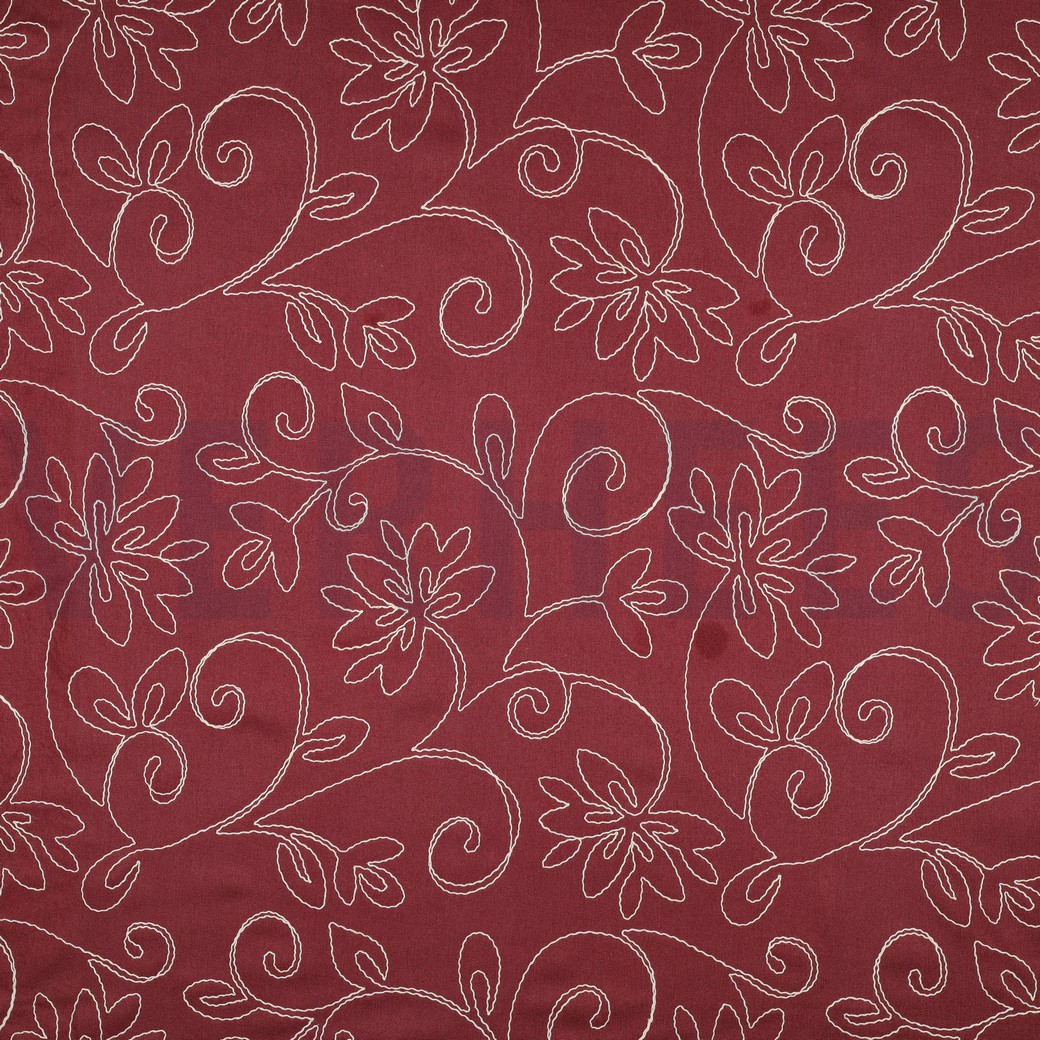 LINNEN VISCOSE EMBROIDERY BLOEMEN BORDEAUXROOD