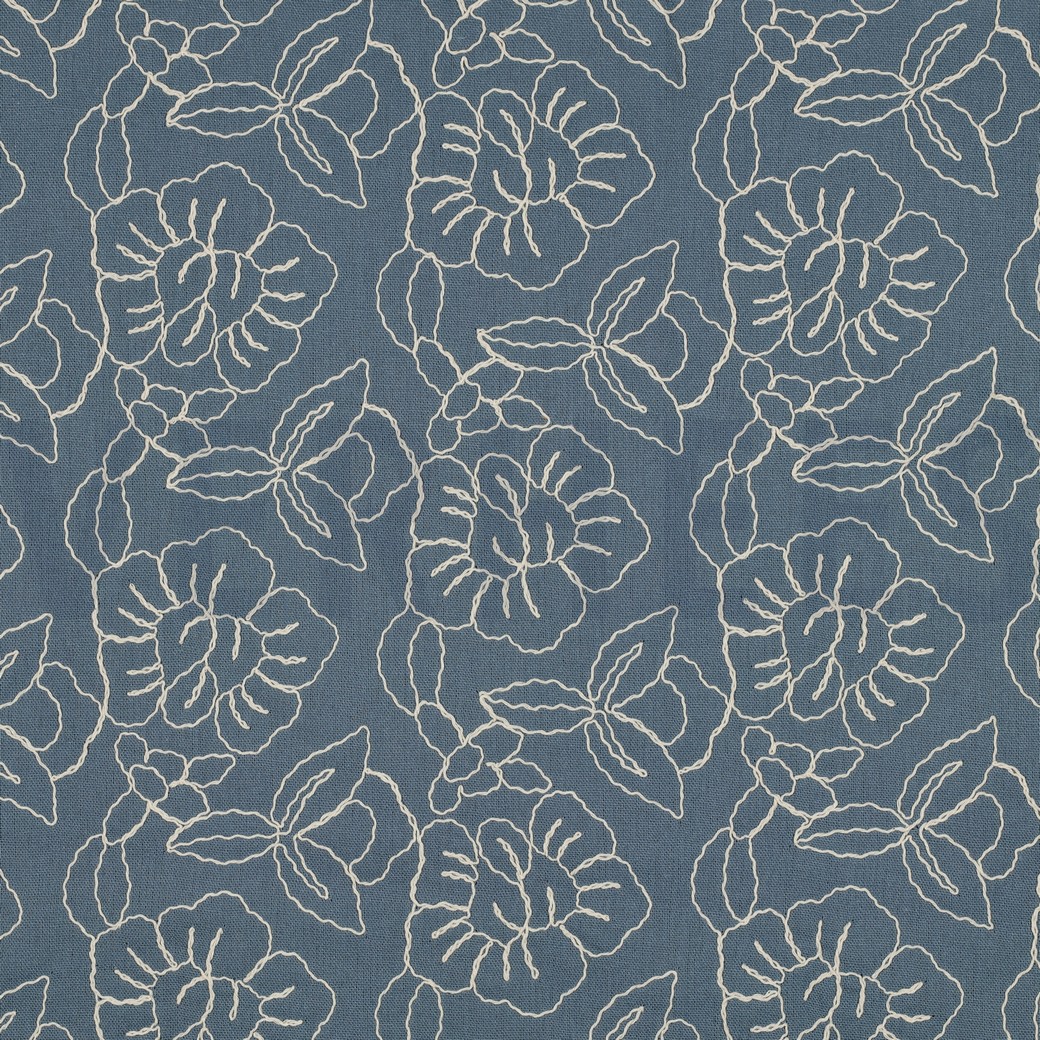 LINNEN VISCOSE EMBROIDERY BLOEMEN OUDBLAUW
