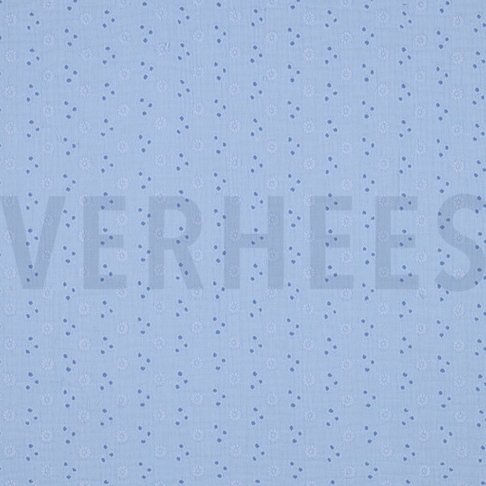 DOUBLE GAUZE EMBROIDERY BLOEMEN LICHTBLAUW