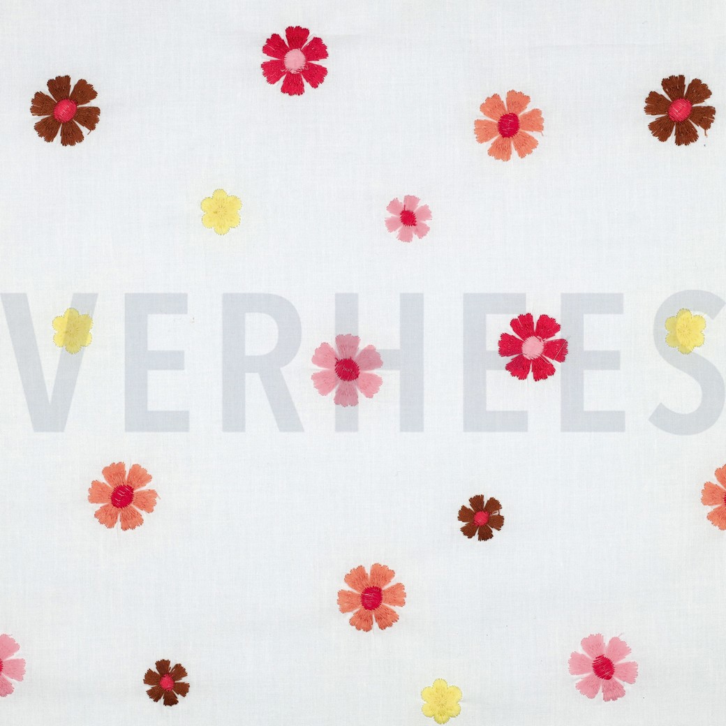 KATOENEN VOILE EMBROIDERY BLOEMEN WIT