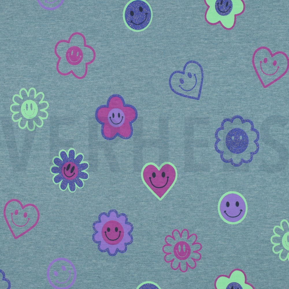 JERSEY MELANGE GLITTER SMILEYS ROOKBLAUW