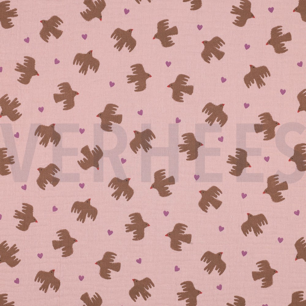 DOUBLE GAUZE GOTS BIRDS SOFT ROSE